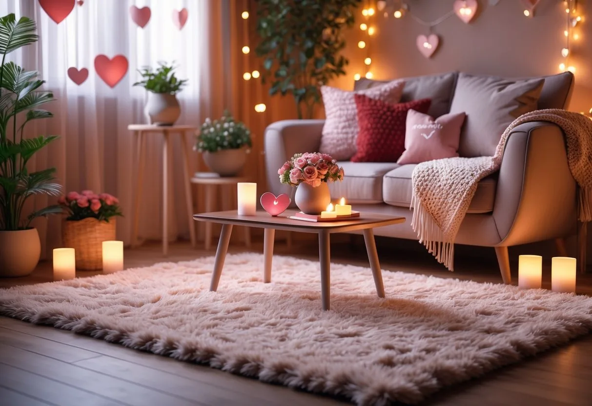 Un salon chaleureux avec un tapis moelleux, un canapé confortable, des bougies allumées et des décorations romantiques pour la Saint-Valentin.