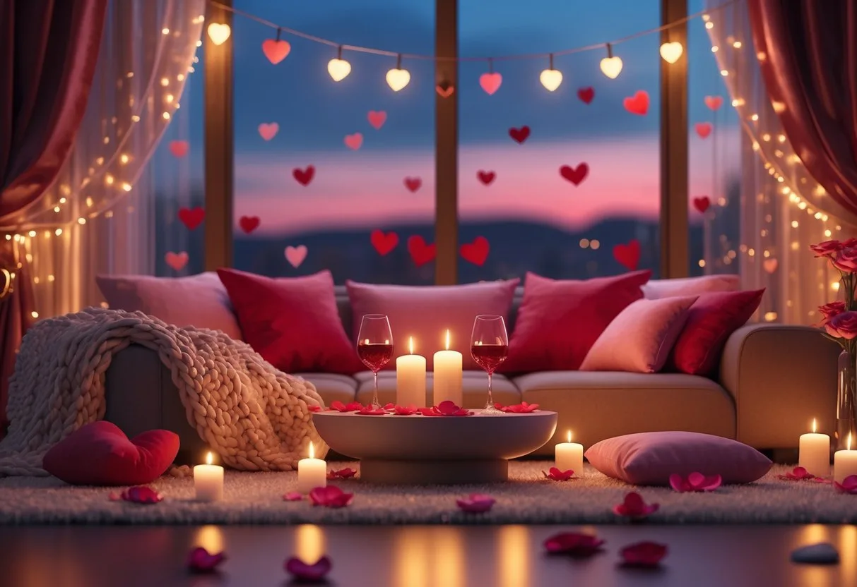 Un salon chaleureux avec un canapé confortable, des coussins, des bougies allumées, des pétales de rose et des lumières douces créant une ambiance romantique pour la Saint-Valentin.