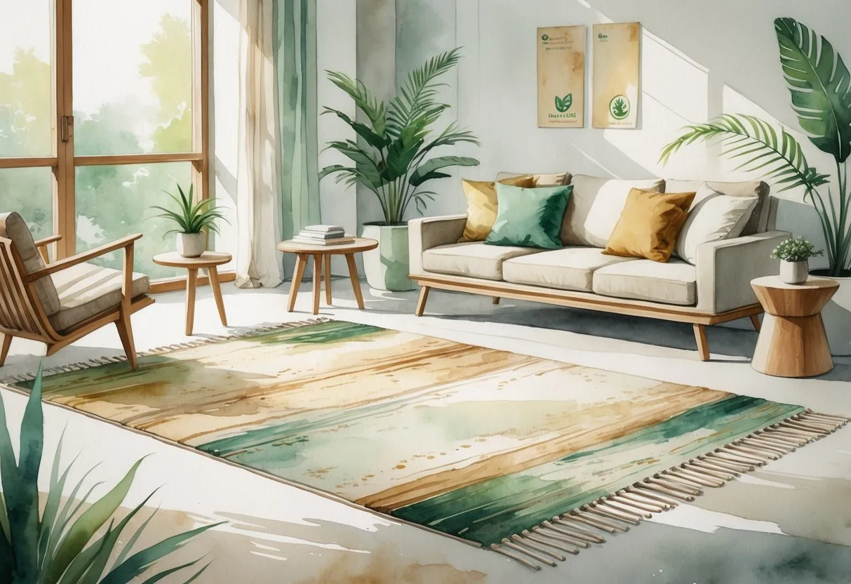 Un salon moderne avec un tapis écologique au centre, entouré de meubles en bois recyclé et une plante en pot près d'une grande fenêtre.