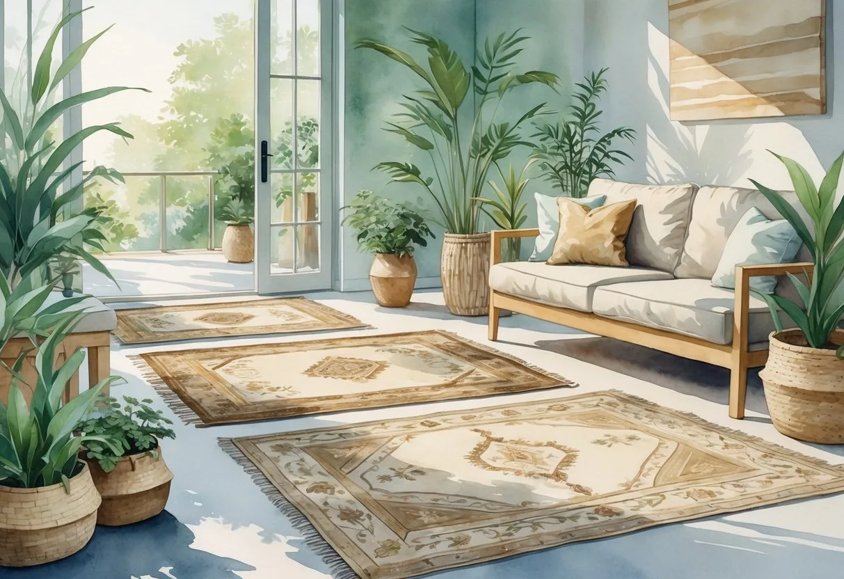 Un salon lumineux avec plusieurs tapis aux couleurs naturelles posés sur le sol, entouré de plantes vertes et de meubles en bois, évoquant un intérieur écologique et durable.