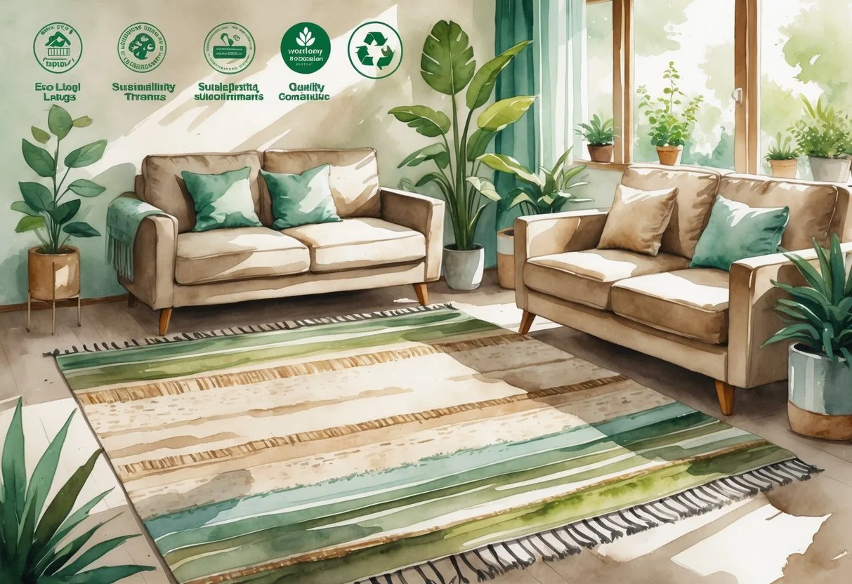 Un salon moderne avec un tapis naturel aux tons terre entouré de plantes et de lumière naturelle.