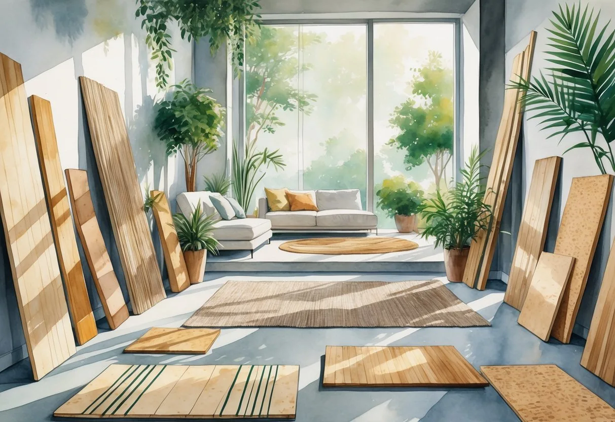 Un salon moderne avec différents échantillons de sols durs durables, des plantes vertes et des meubles minimalistes.