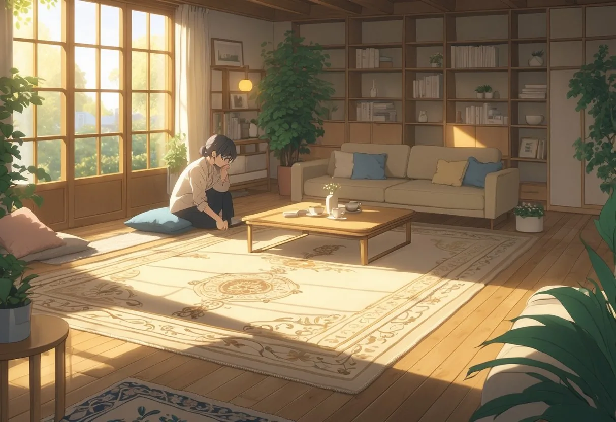 Une pièce intérieure chaleureuse avec un sol en bois bien conçu, des meubles modernes, des plantes et une personne arrangeant un objet décoratif sur le sol.