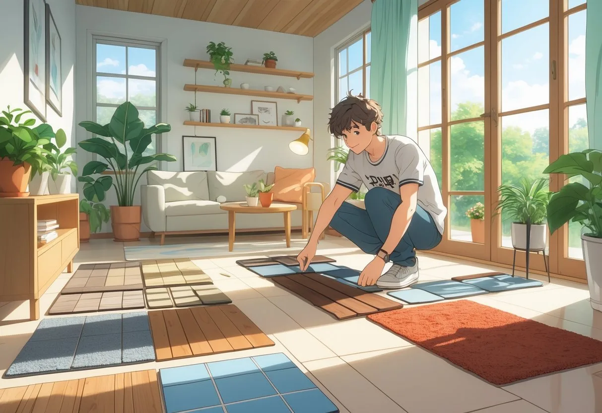 Une personne examine différents échantillons de revêtement de sol dans une pièce lumineuse et accueillante.