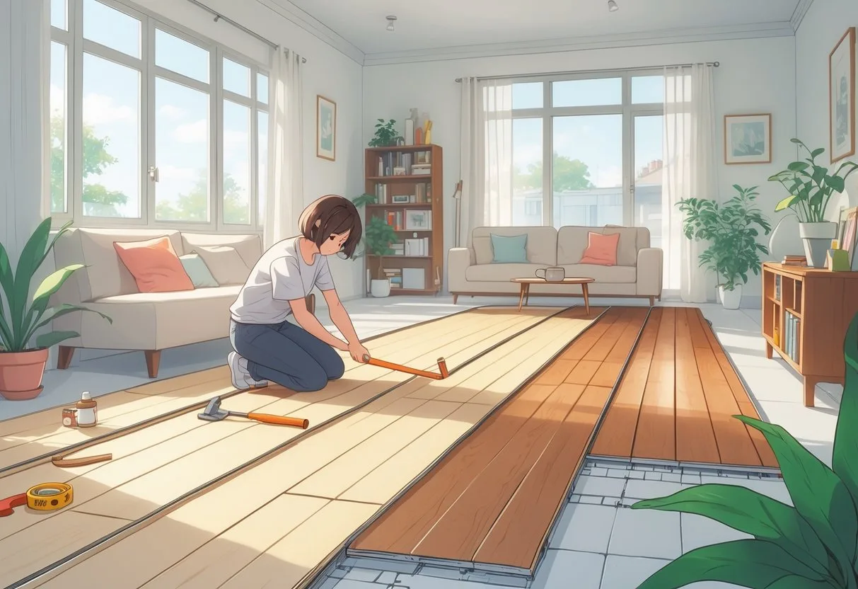 Une femme rénove le sol d'un salon lumineux en installant des panneaux de bois, avec des outils à proximité et des meubles simples autour.