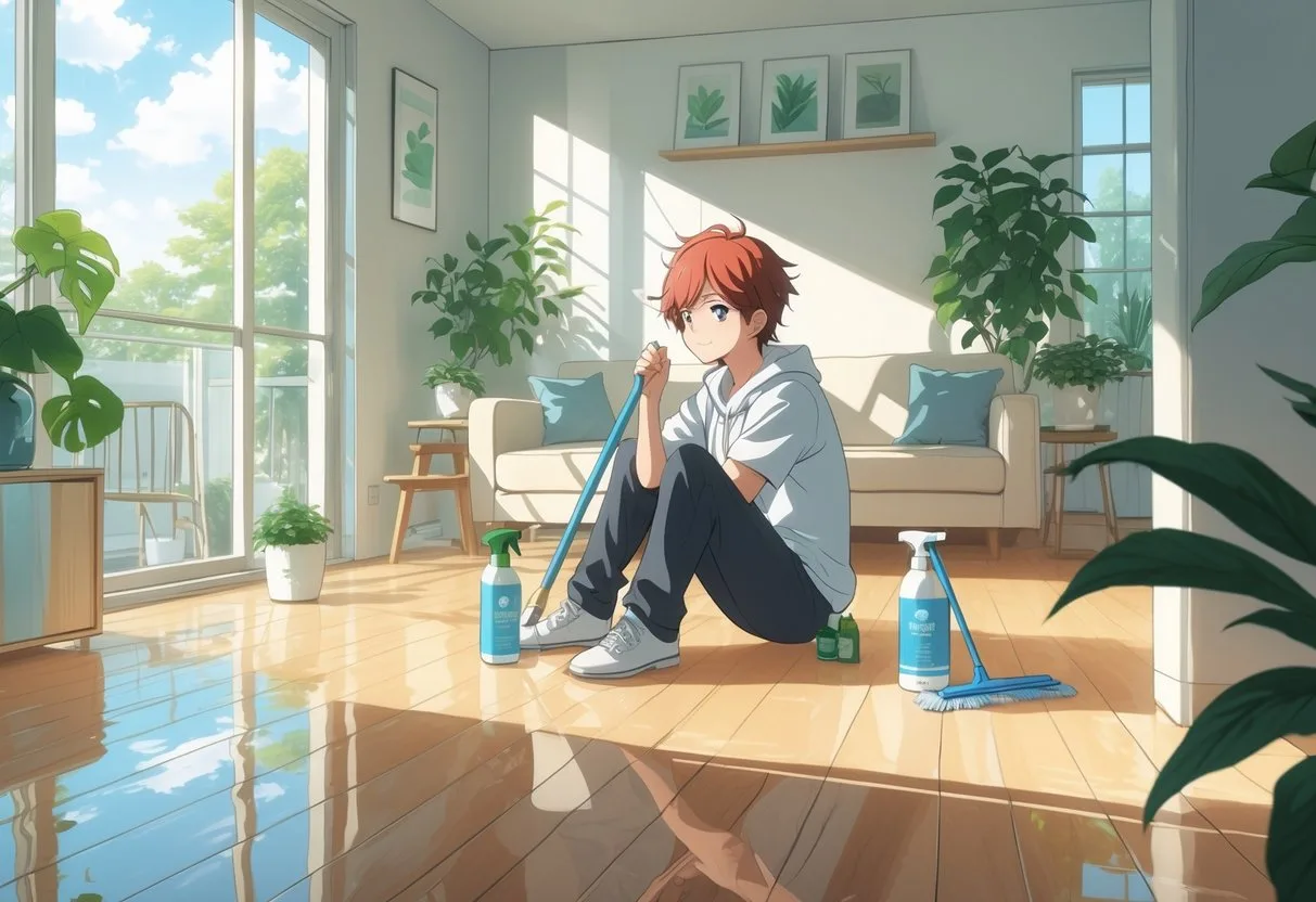 Une personne dans un intérieur lumineux et moderne, en train de réorganiser son espace de vie avec des plantes et un sol en bois propre et bien entretenu.