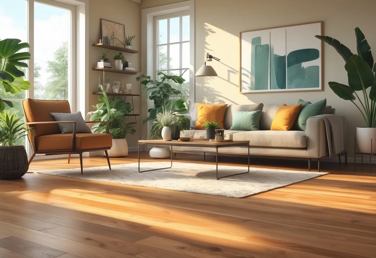 Salon intérieur avec un sol en bois chaleureux mettant en valeur l'ambiance accueillante de la pièce.