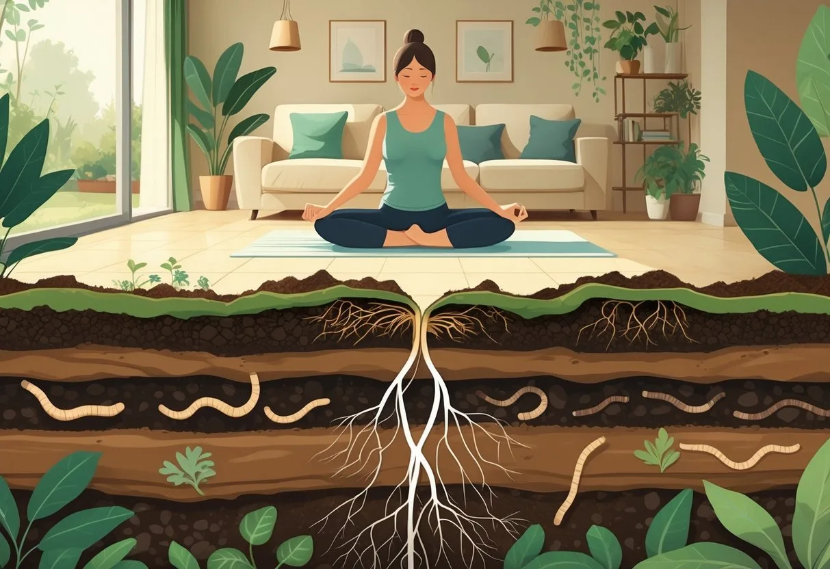 Vue en coupe montrant une personne pieds nus dans un salon au-dessus de différentes couches de sol avec des racines et des organismes sous terre.