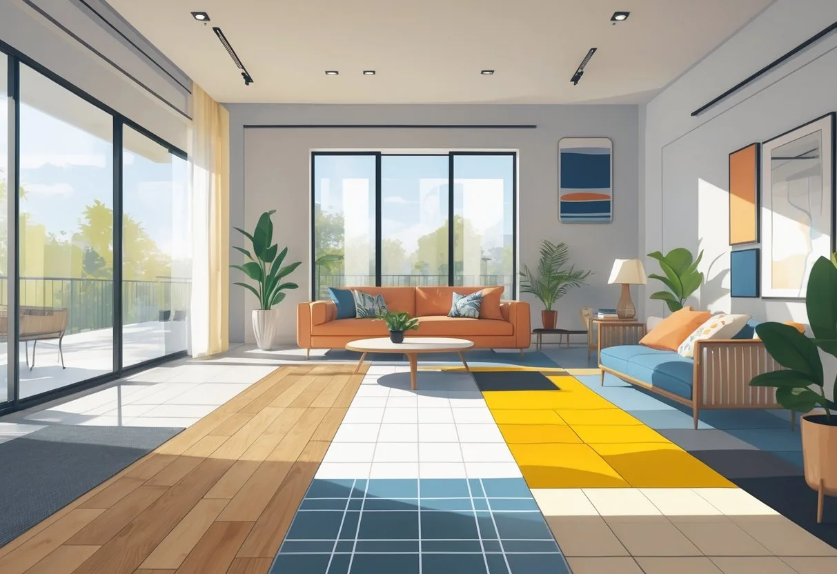 Une pièce de vie moderne montrant différents types de sols comme le bois, le carrelage, le stratifié et la moquette, avec des meubles contemporains et de la lumière naturelle.