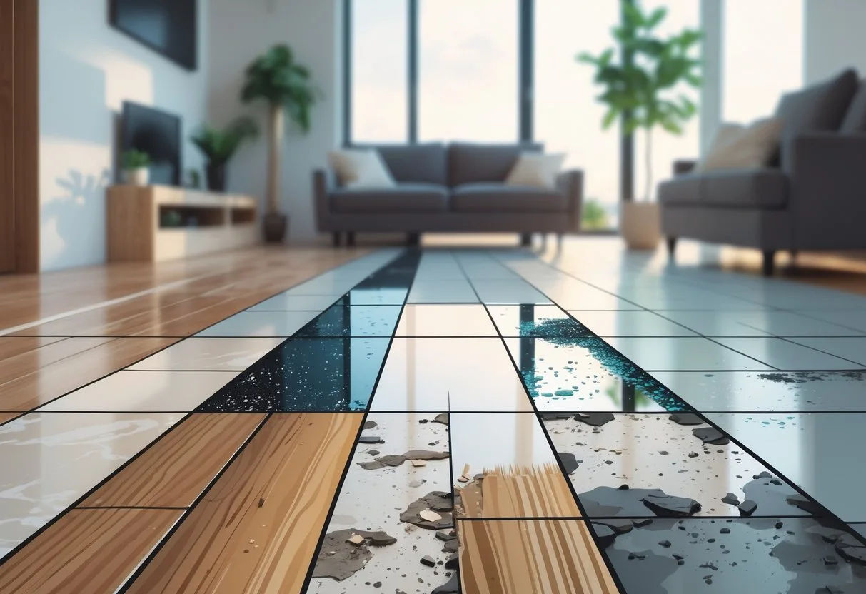 Intérieur de maison montrant différents types de sols avec des zones endommagées, inégales ou sales à éviter.