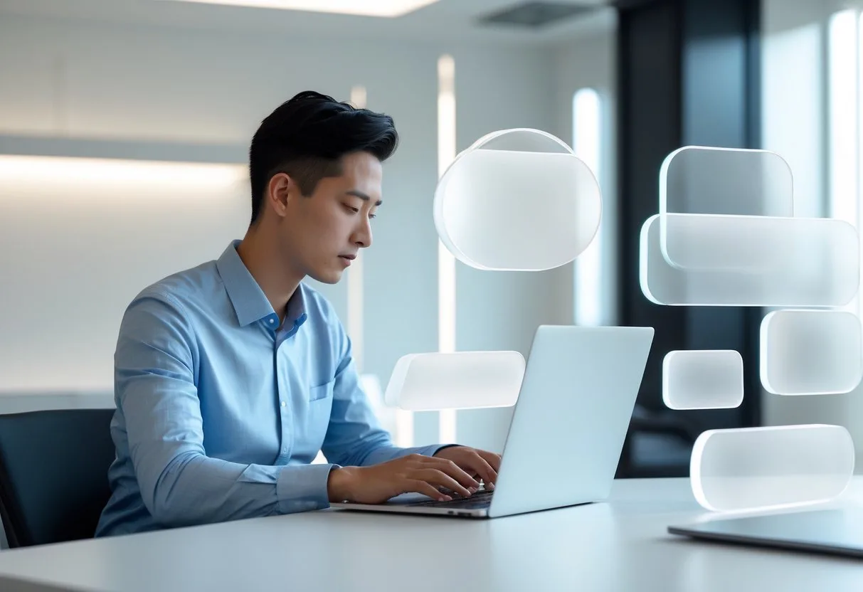 Un designer concentré travaillant sur un ordinateur portable dans un bureau moderne avec des éléments d'interface transparents autour de lui.