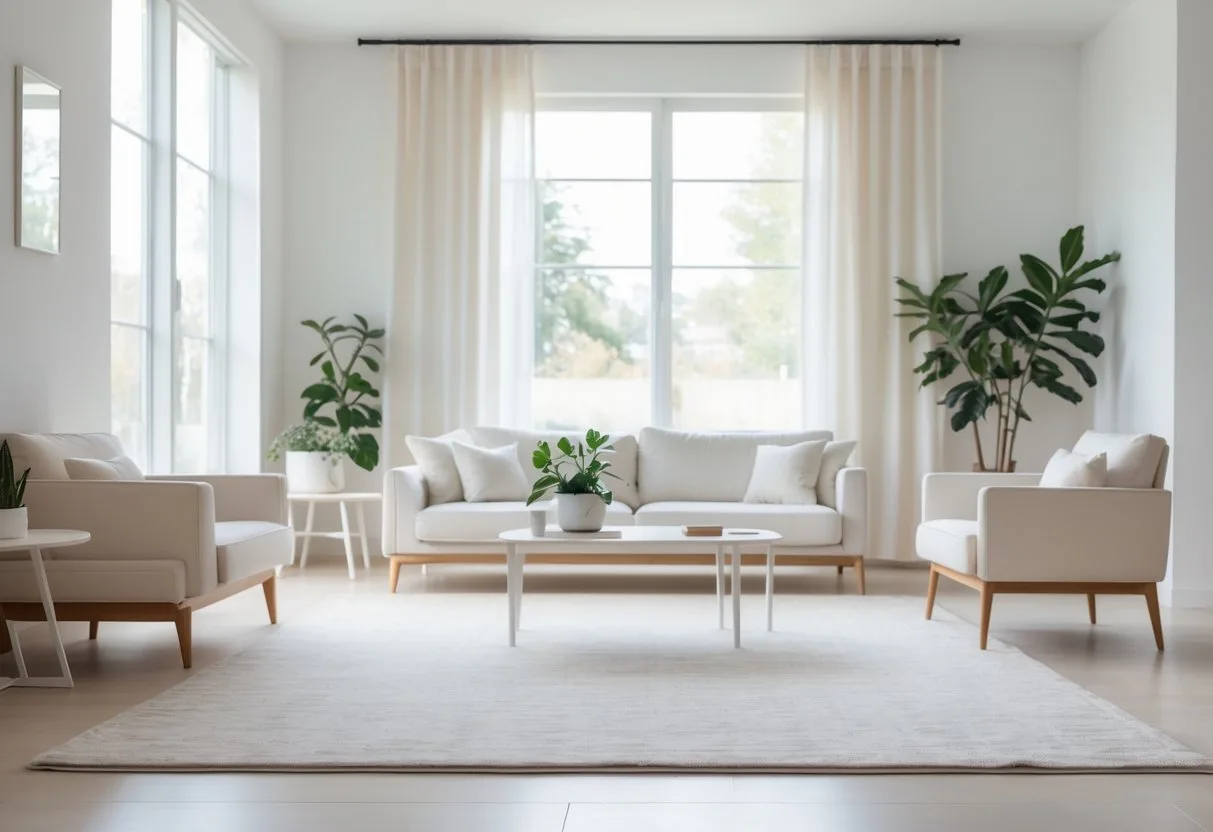 Un salon lumineux avec un tapis discret qui s’intègre parfaitement au sol et au mobilier, créant une ambiance harmonieuse et accueillante.