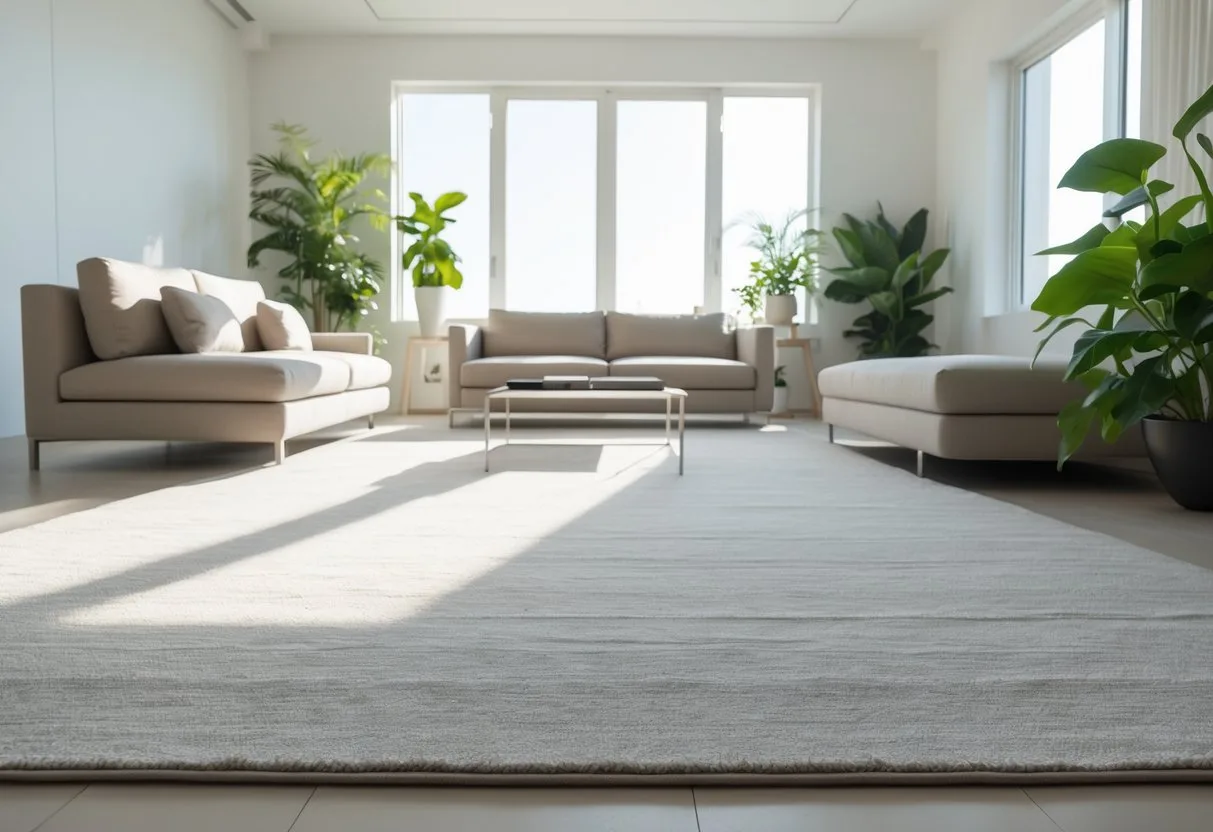 Un salon moderne et lumineux avec un tapis clair qui se fond dans le sol, des meubles simples et des plantes vertes.