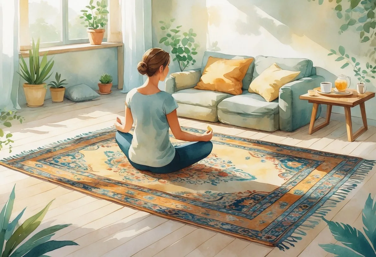 Une personne assise en tailleur sur un tapis coloré dans un coin de salon lumineux, entourée d'une plante, d'un coussin et d'une tasse, dans une ambiance calme et confortable.