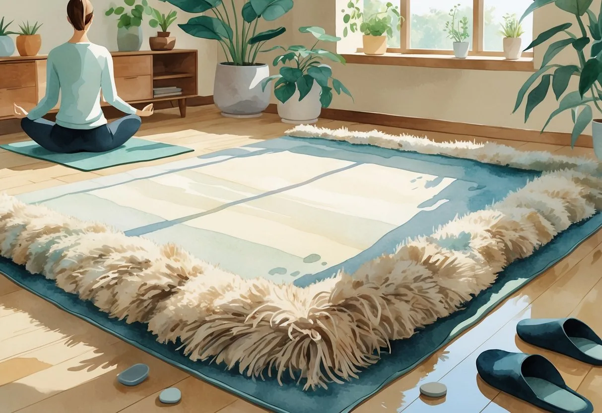 Un coin de salon avec un tapis épais et confortable, une personne assise avec le dos droit, des plantes et une lumière naturelle.