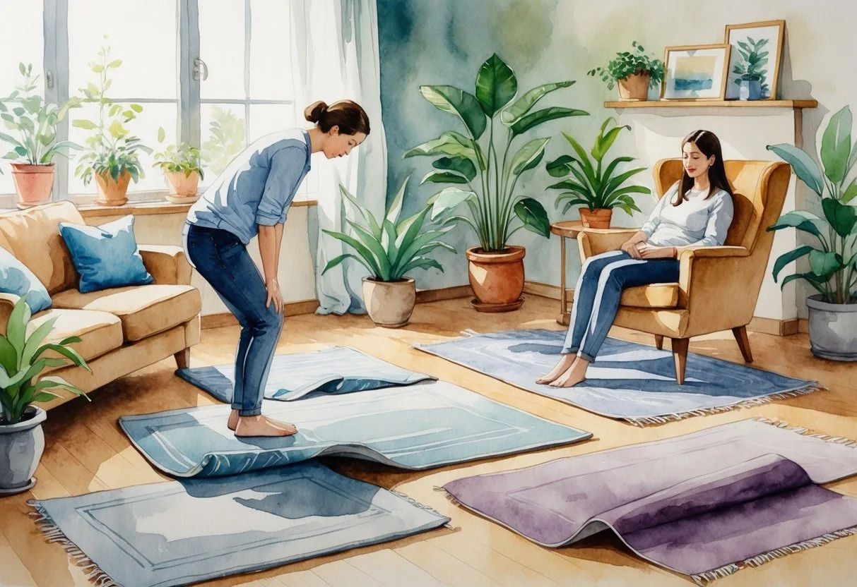 Une personne debout sur un tapis froissé dans un salon, montrant une posture déséquilibrée, avec une autre personne assise sur une chaise aux pieds posés sur un tapis usé.