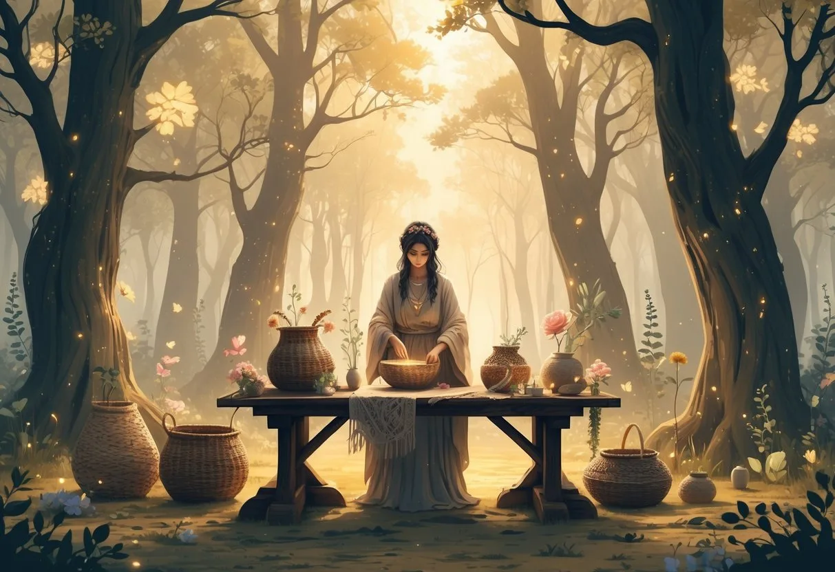 Une clairière forestière baignée de lumière douce où une personne façonne des objets faits main sur une table en bois, entourée d'éléments naturels et d'animaux de la forêt.