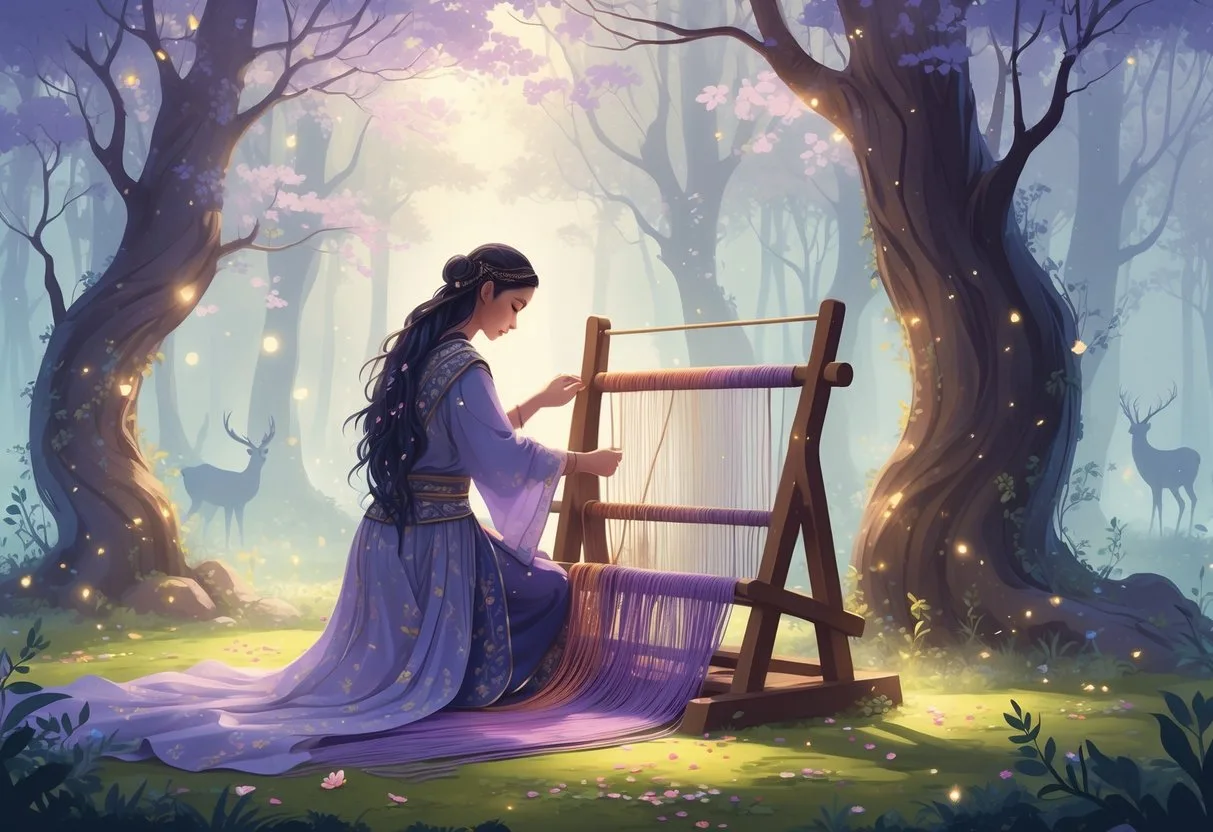 Un artisan tisse un tapis à la main dans une forêt enchantée avec des arbres anciens et une lumière douce filtrant à travers les feuilles.