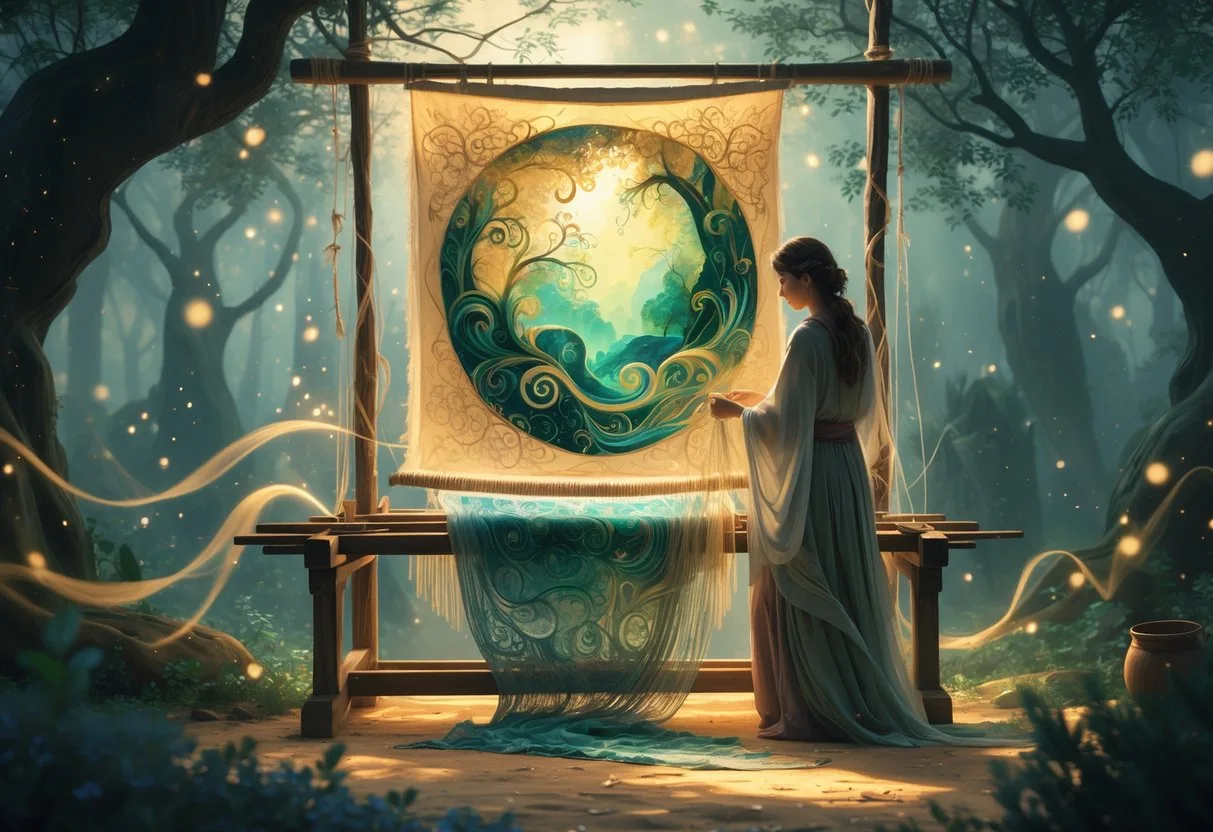 Un artisan tissant un tapis complexe à la main dans un atelier lumineux entouré de lumière douce et d'éléments naturels.