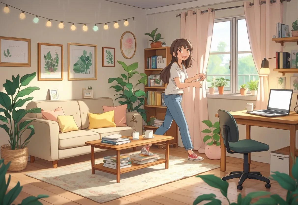 Une personne décorant joyeusement un petit appartement avec des meubles, des plantes et des objets décoratifs, dans une pièce lumineuse et accueillante.