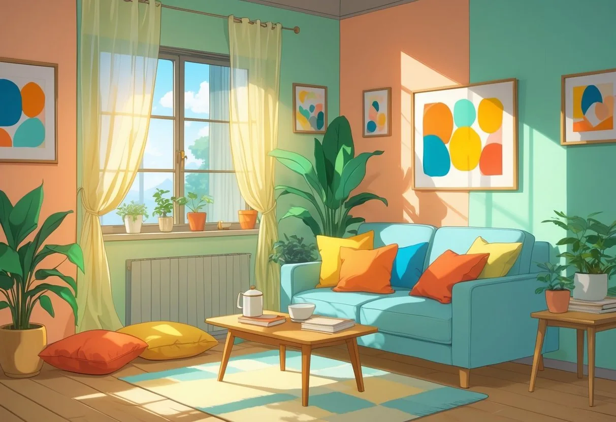 Intérieur d'un premier appartement avec un salon confortable décoré de coussins colorés, plantes, et lumière naturelle douce.