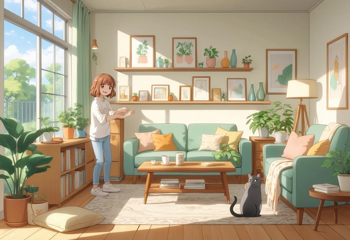 Une personne décorant son premier appartement lumineux et chaleureux avec des meubles en bois, des plantes et des objets décoratifs.