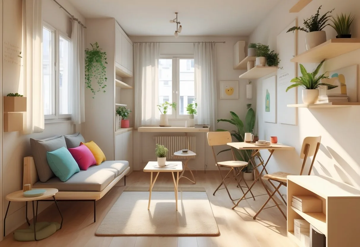 Intérieur d'un petit appartement bien organisé avec une personne décorant l'espace, des meubles compacts et des plantes.
