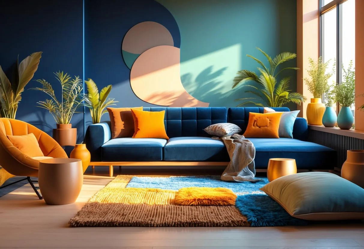 Intérieur moderne avec un mélange de couleurs chaudes et froides, différents matériaux texturés, et une lumière naturelle mettant en valeur l'ambiance émotionnelle de la pièce.