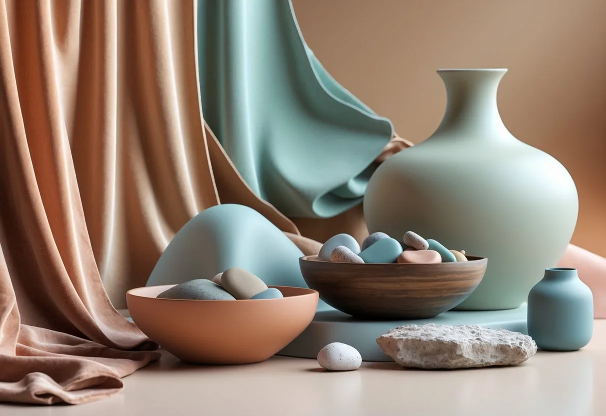 Une composition d'objets variés avec différentes textures et couleurs apaisantes, disposés sur une surface, évoquant une sensation de bien-être.
