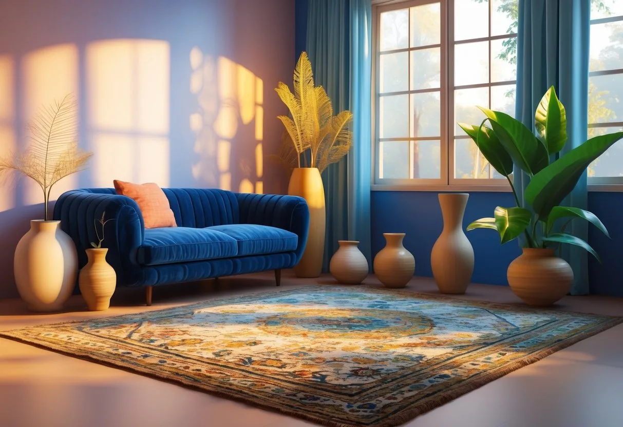 Intérieur d'un salon avec des couleurs douces, des textures variées et des plantes, créant une ambiance chaleureuse et apaisante.