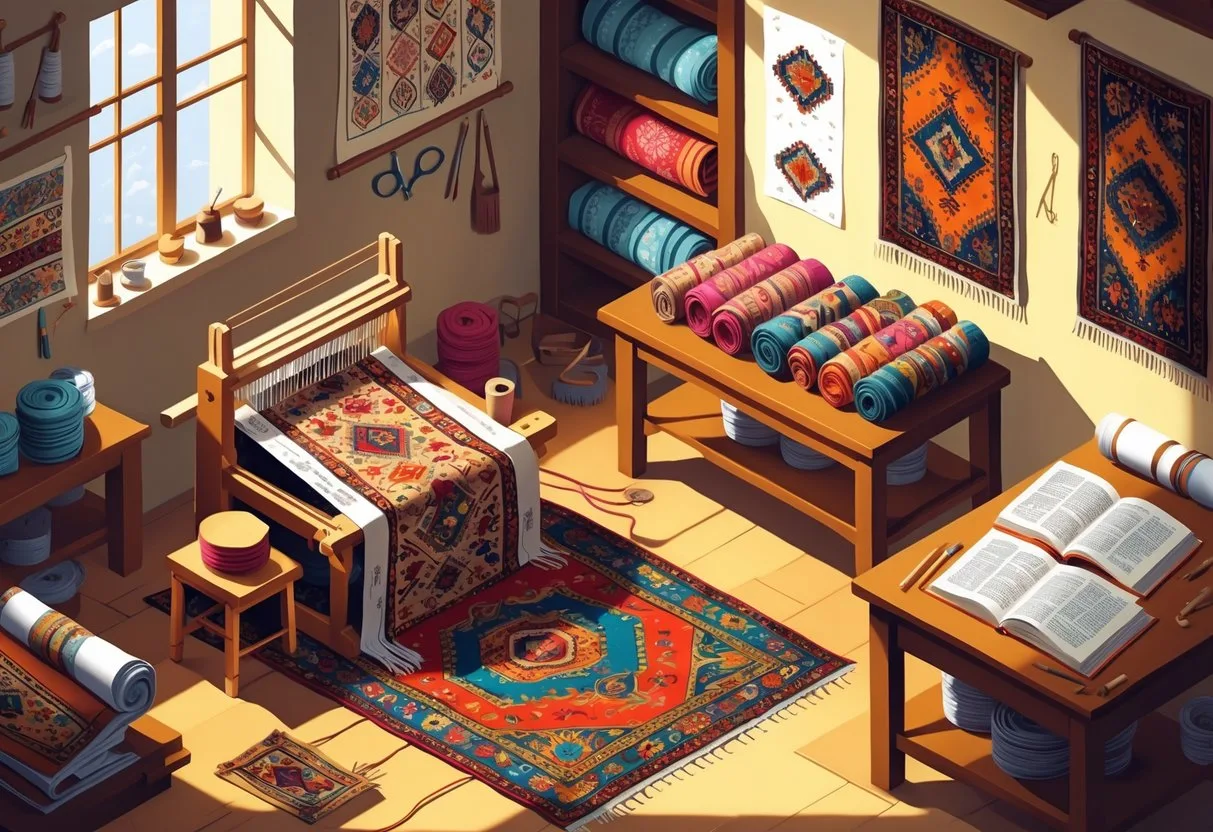 Un atelier avec un artisan tissant un tapis coloré orné de symboles culturels, entouré d'outils et de tapis finis exposés.