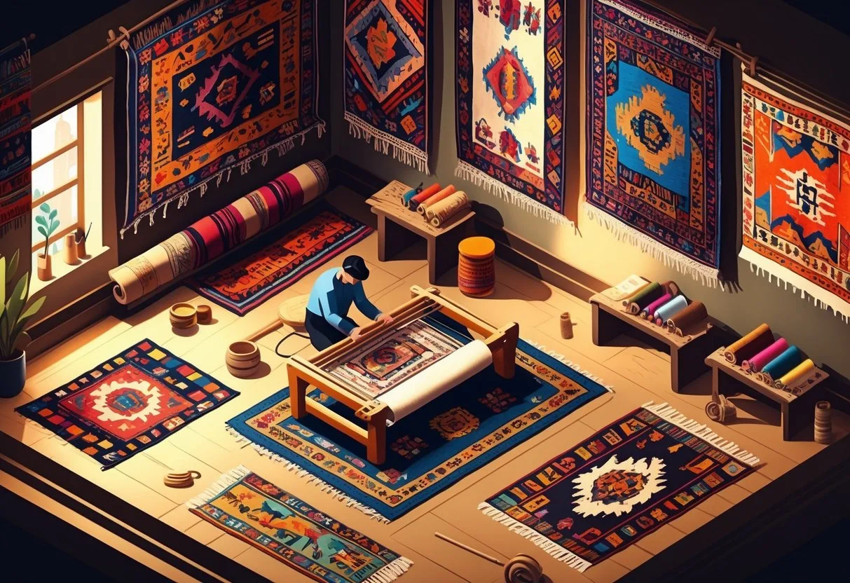 Une pièce avec des tapis traditionnels colorés affichant des motifs symboliques, une personne tissant un tapis sur un métier à tisser, entourée d'outils et de livres anciens.