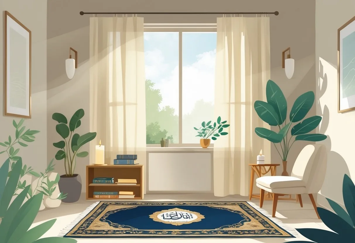 Un coin paisible dans une maison avec un tapis de prière, une étagère avec des livres religieux, des plantes et une fenêtre laissant entrer la lumière naturelle.