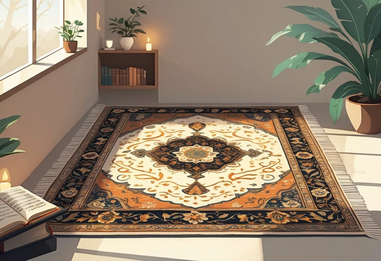 Un espace de prière paisible avec un tapis de prière au centre, entouré d'éléments spirituels comme des livres, une bougie allumée et une plante, baigné de lumière naturelle.