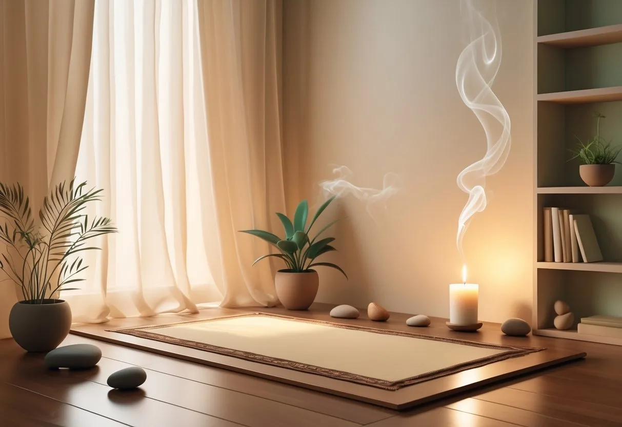 Un coin intérieur paisible avec un tapis de prière en bois, une plante, une bougie allumée et un encens, baigné de lumière naturelle douce.