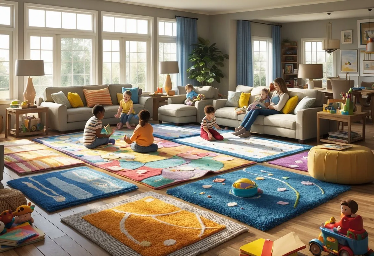 Un salon spacieux avec plusieurs enfants et parents jouant et se détendant sur des tapis colorés, créant une ambiance chaleureuse et familiale.