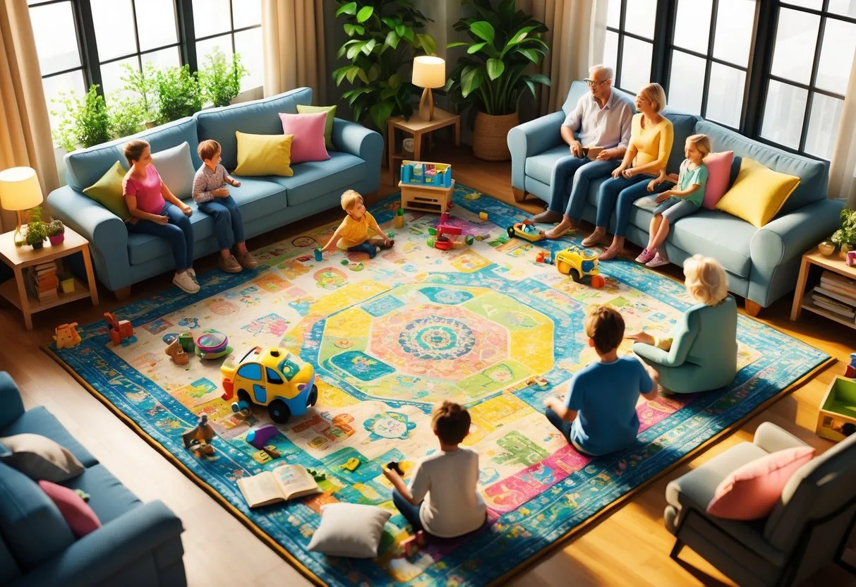 Une grande famille réunie dans un salon autour d'un tapis coloré, avec des enfants jouant et des adultes assis confortablement.