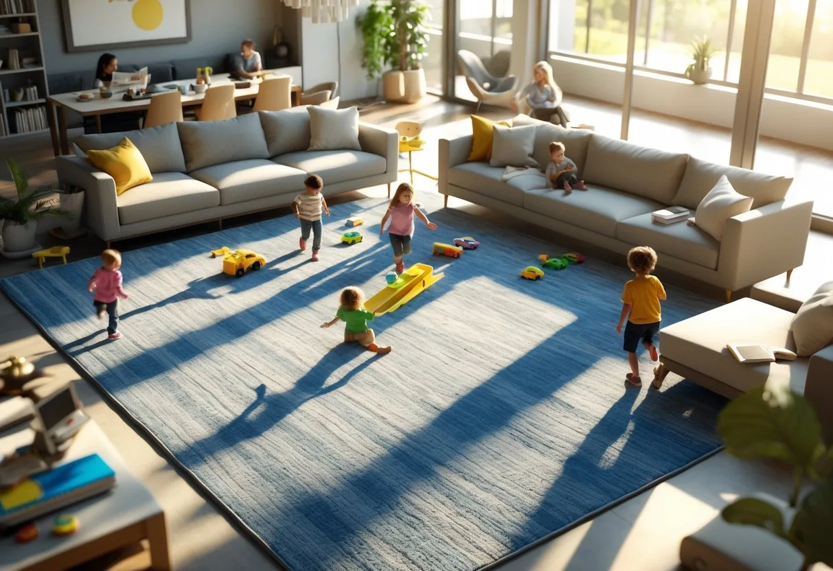 Salon familial avec un grand tapis robuste, des enfants jouant et des adultes assis dans un espace lumineux et accueillant.