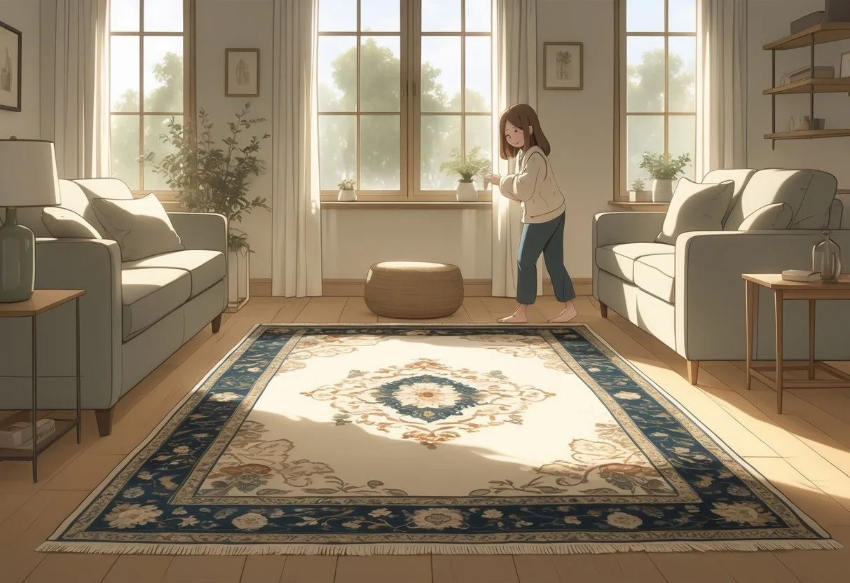 Une personne dans un salon minimaliste touche un tapis de haute qualité au centre de la pièce, entourée de meubles simples et d'une lumière naturelle douce.