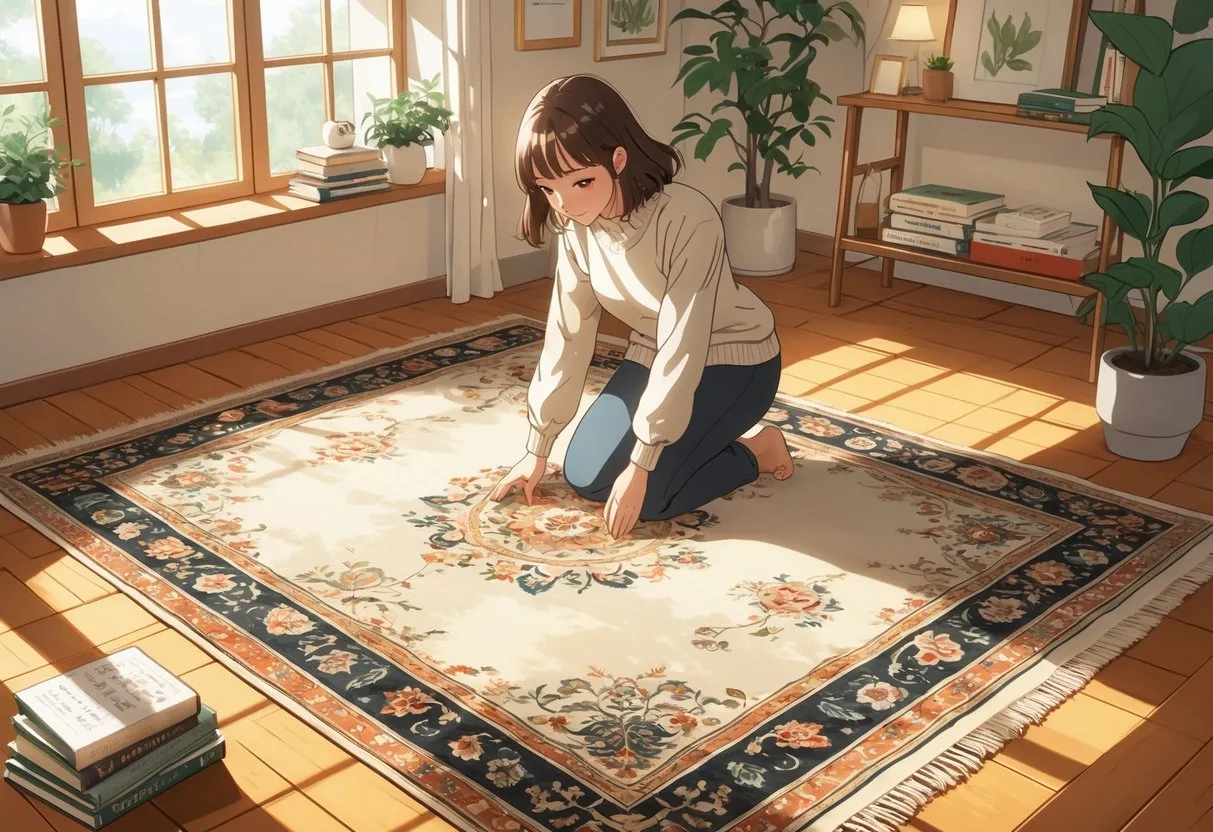 Une femme examine attentivement un tapis de qualité dans une pièce lumineuse et accueillante.