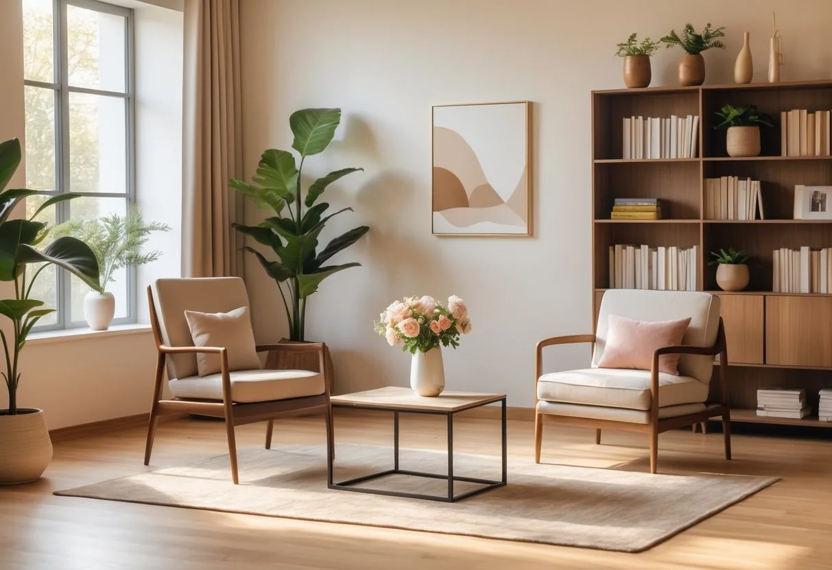 Une pièce de vie accueillante avec un mobilier minimaliste et des objets décoratifs soigneusement choisis, baignée de lumière naturelle.