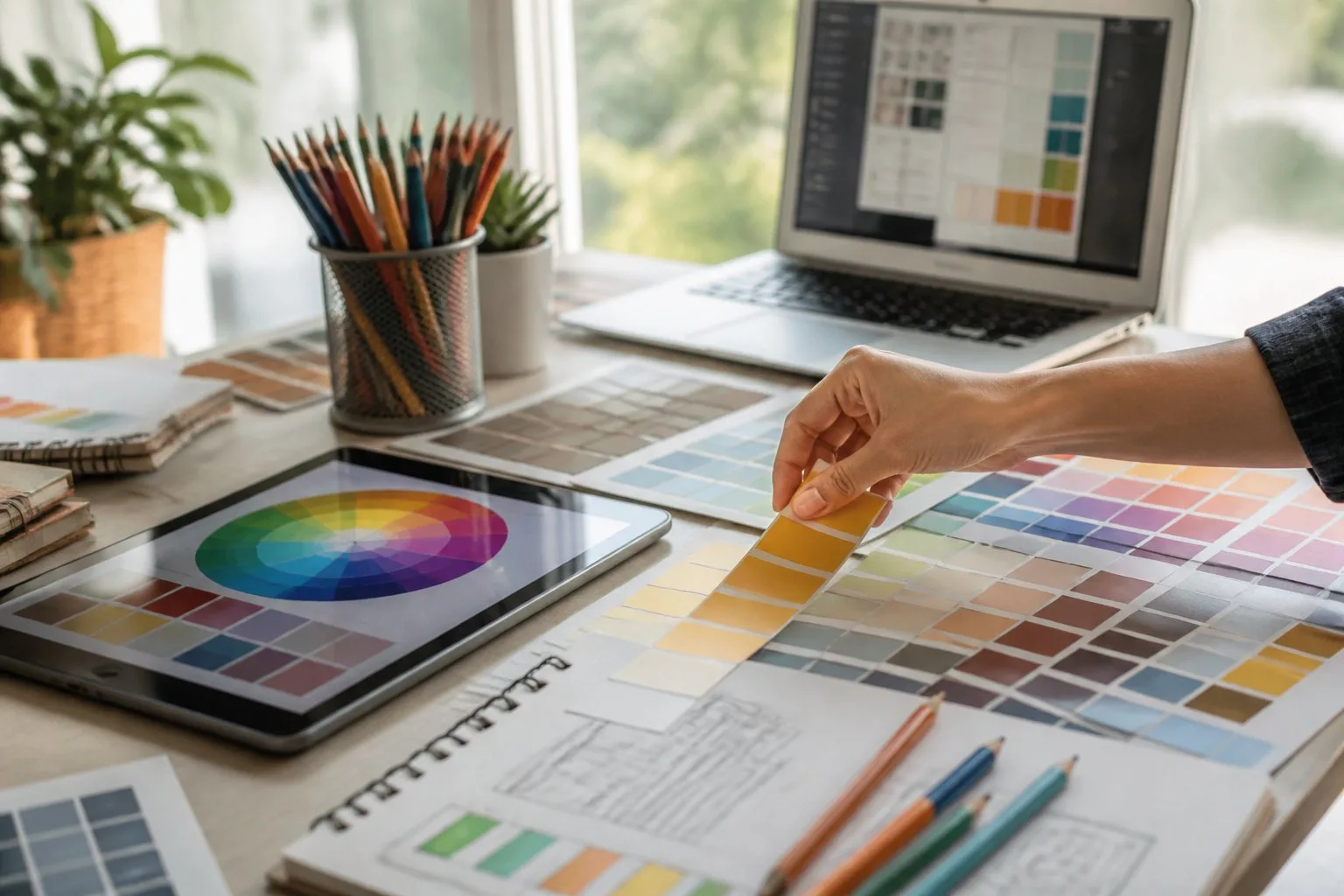 Une main choisissant des couleurs sur une palette dans un espace de travail avec des échantillons de couleurs et un ordinateur portable.