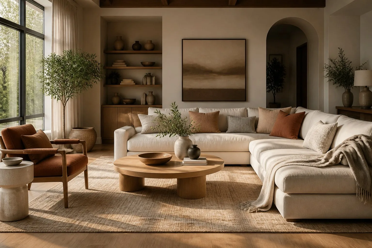 Un salon moderne et élégamment décoré avec des couleurs harmonieuses et une lumière naturelle douce.