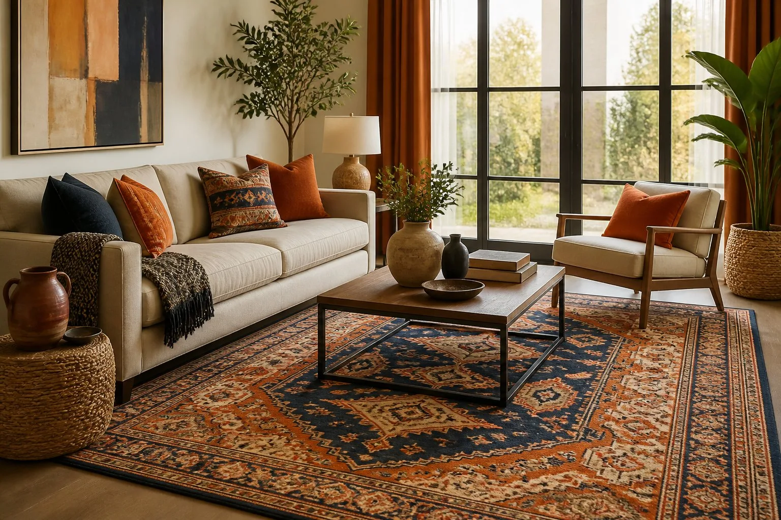 Un salon élégant avec un tapis assorti aux autres éléments décoratifs comme le canapé, la table basse et les rideaux.