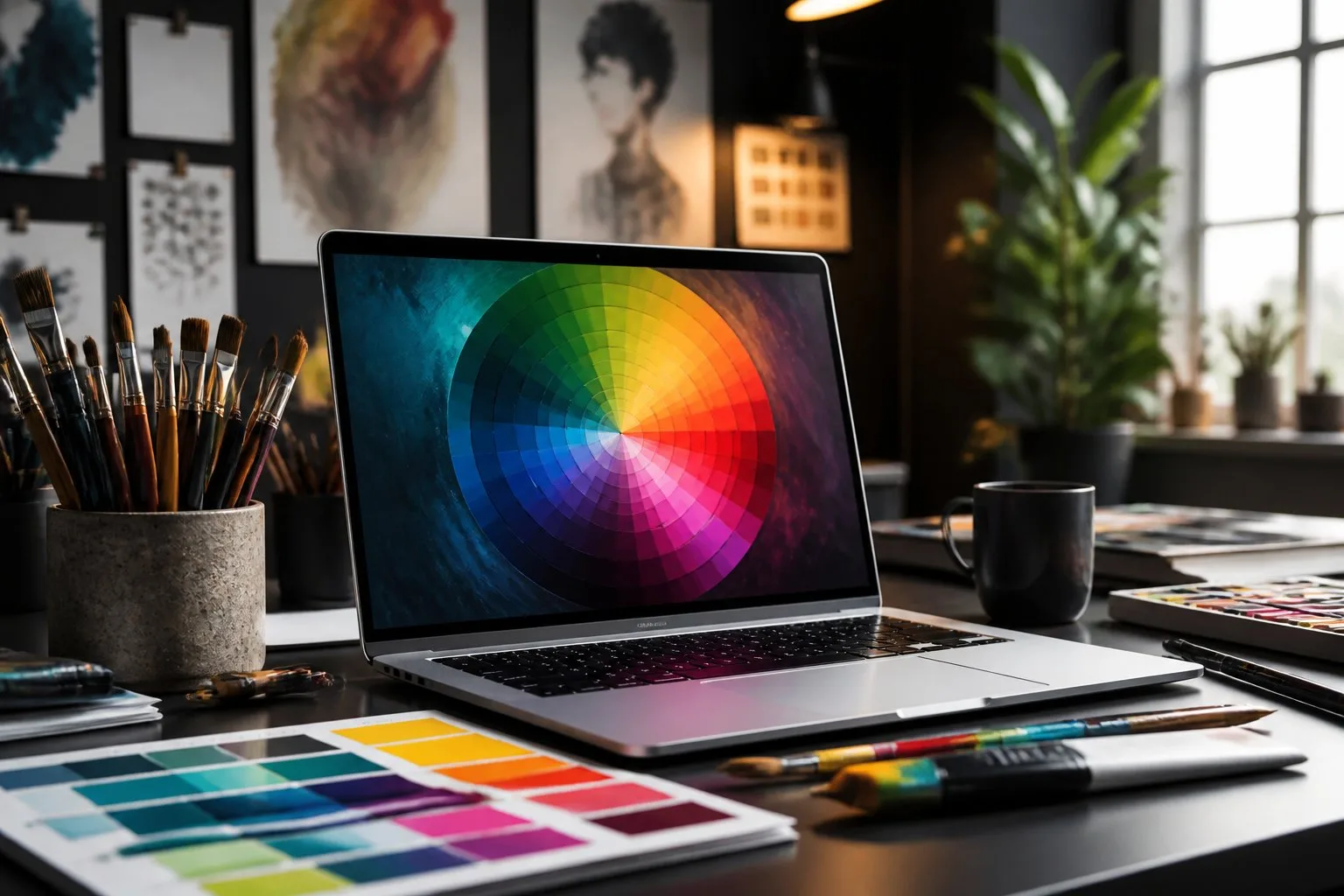 Un espace de travail moderne avec un ordinateur portable affichant une palette de couleurs, entouré de pinceaux et d'échantillons de couleurs.