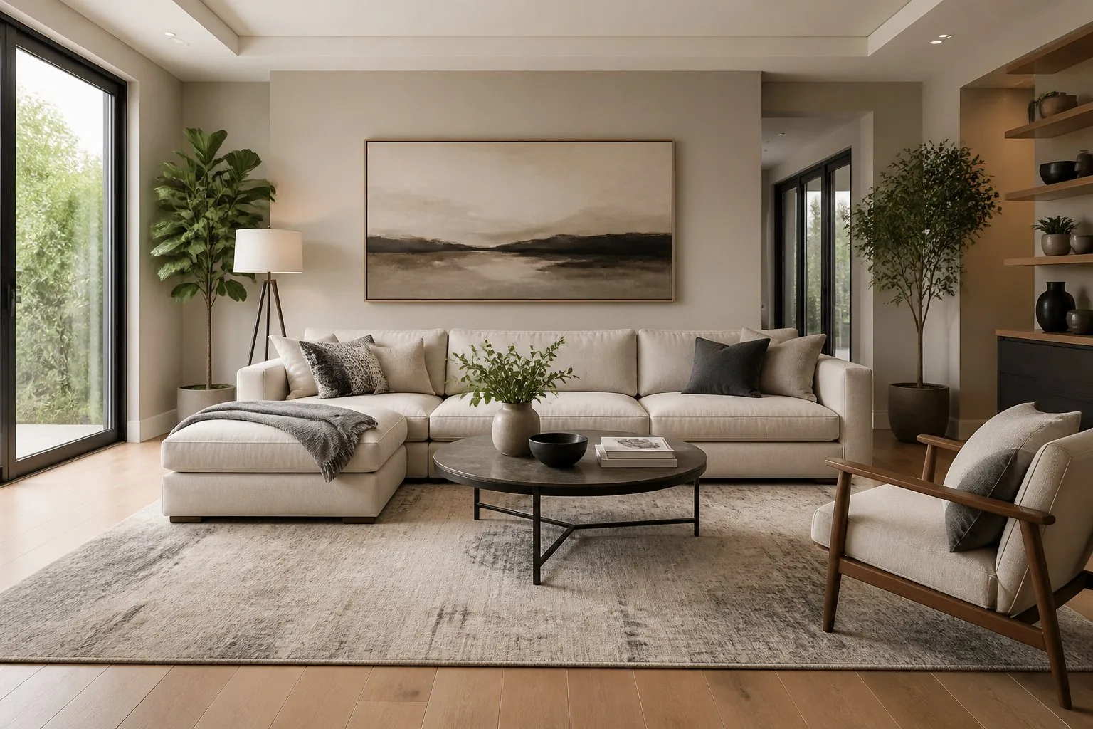 Un salon moderne avec un tapis bien dimensionné sous une table basse et un canapé, éclairé par la lumière naturelle.