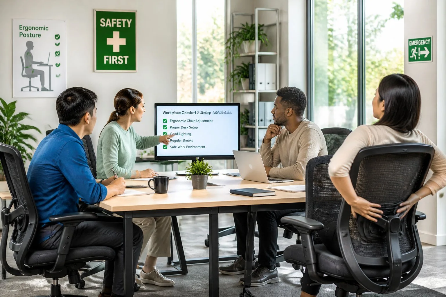Des employés dans un bureau moderne discutant autour d'une table, mettant en avant le confort et la sécurité au travail.