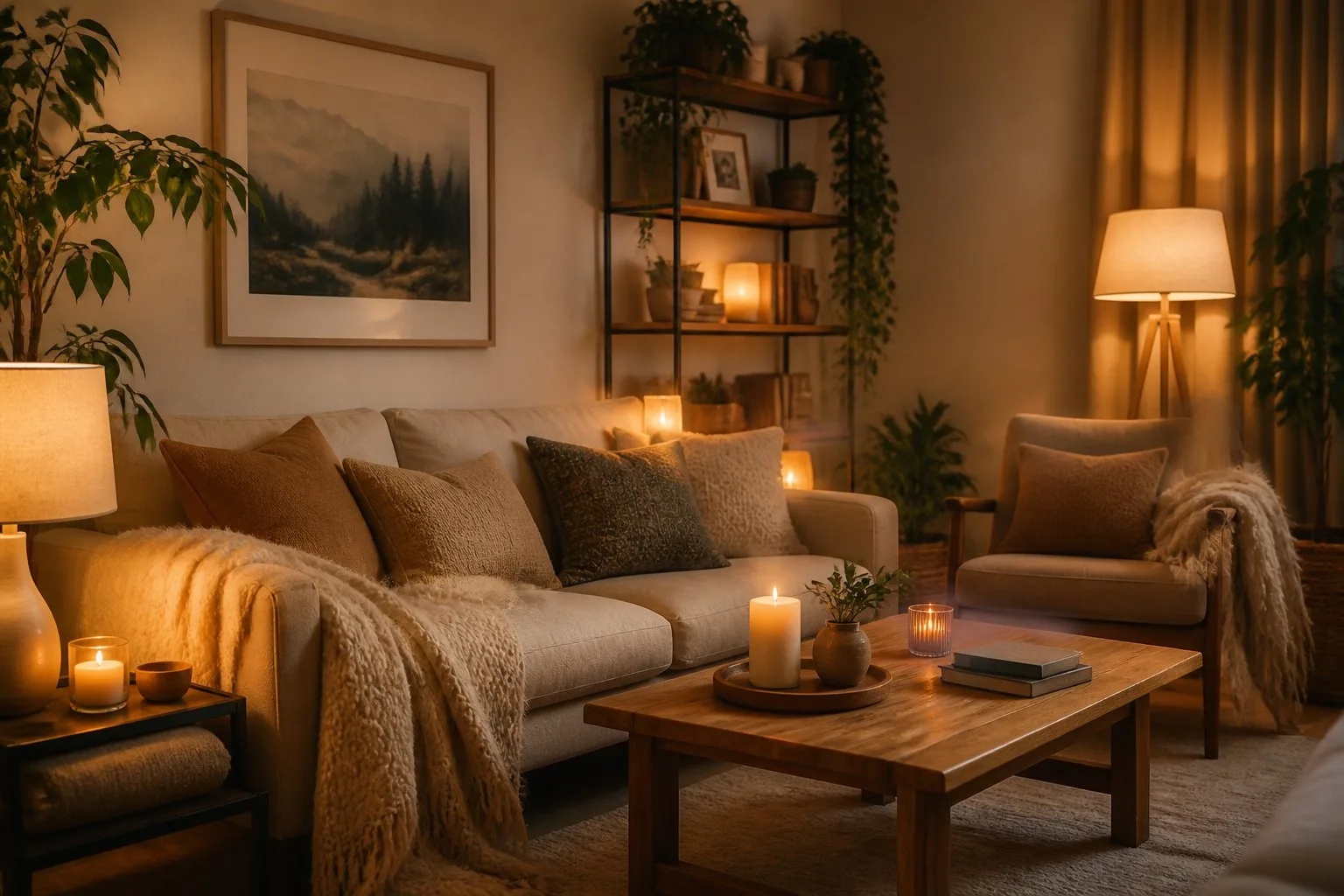 Un salon moderne et accueillant avec un éclairage doux, des plantes, des coussins et des décorations chaleureuses.