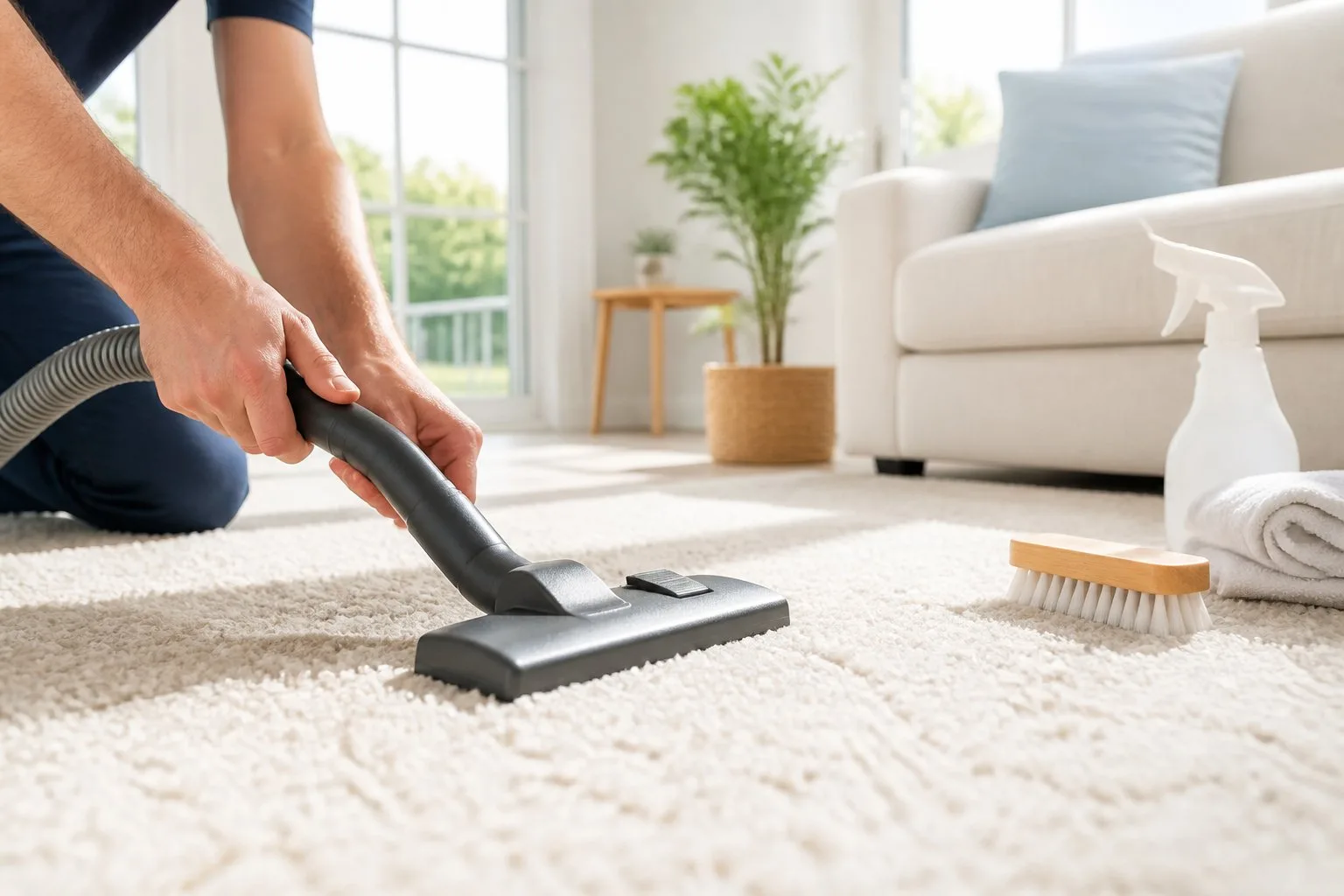 Une personne prépare un tapis pour le nettoyage dans un salon lumineux en passant l'aspirateur.