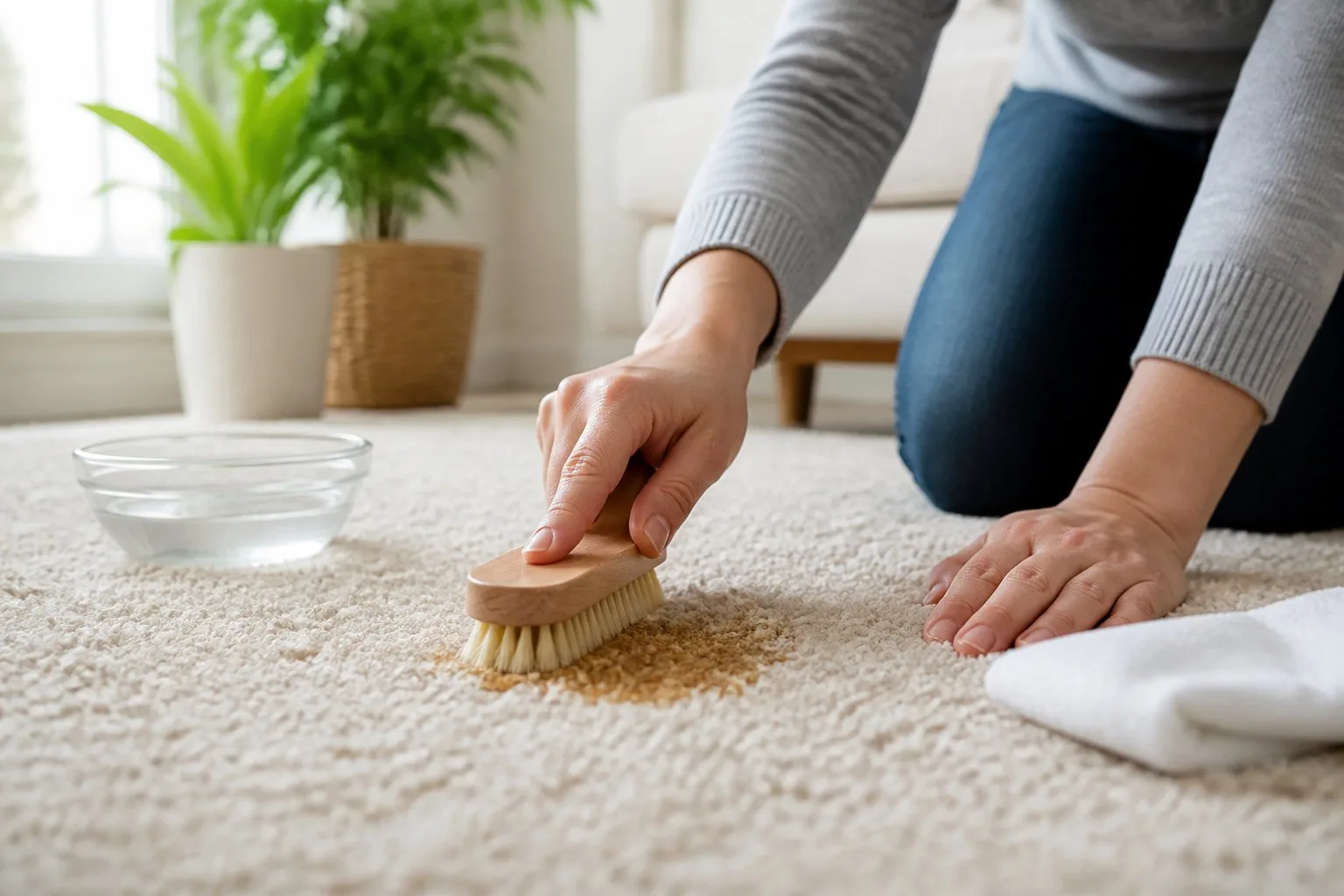 Une personne nettoie délicatement une tache sur un tapis clair dans un salon lumineux.
